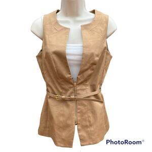 New York & Company NY&C Belted Tan Zip Up Vest Split Front Womens 2 NWT